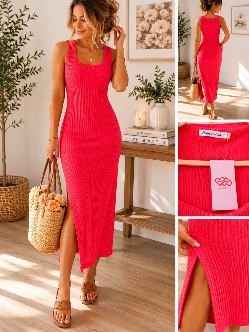 NWT Heart Hips Ribbed Midi Dress Bright Coral Pink Side Slit Sleeveless 
 Small